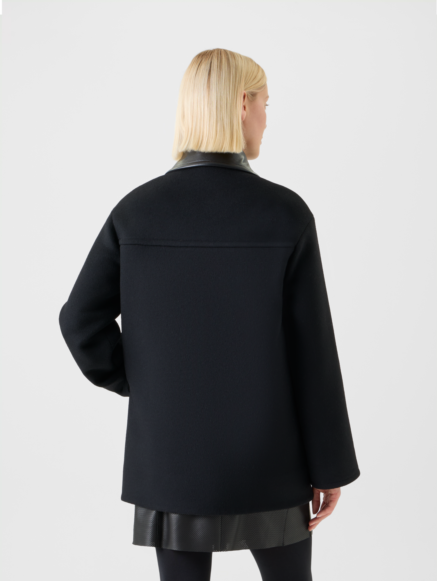 Designer Felted Wool Jacket with Faux Leather Collar - black - neutral 