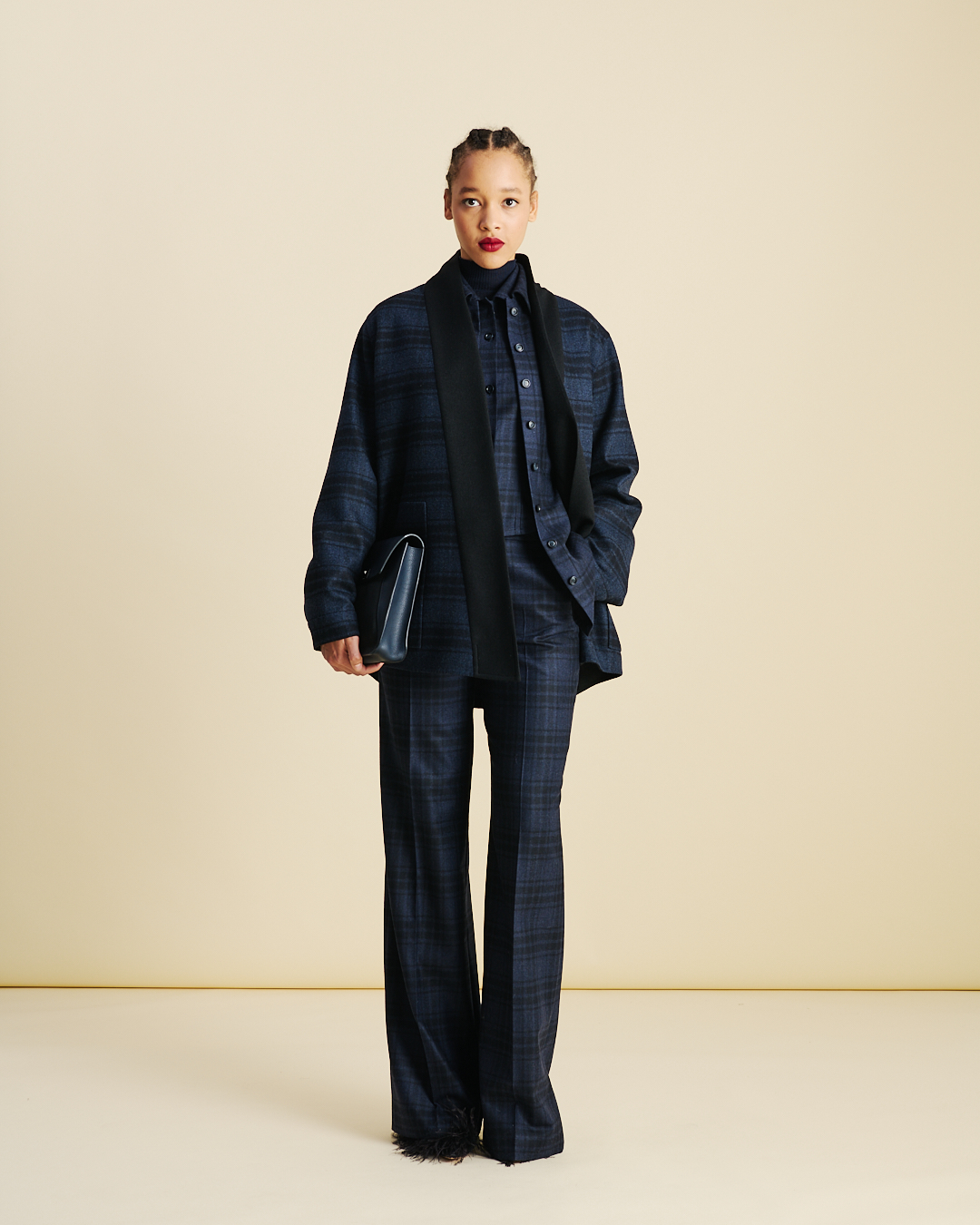 Designer Wide Wool Flannel Plaid Pants - neutral - navy - blue 