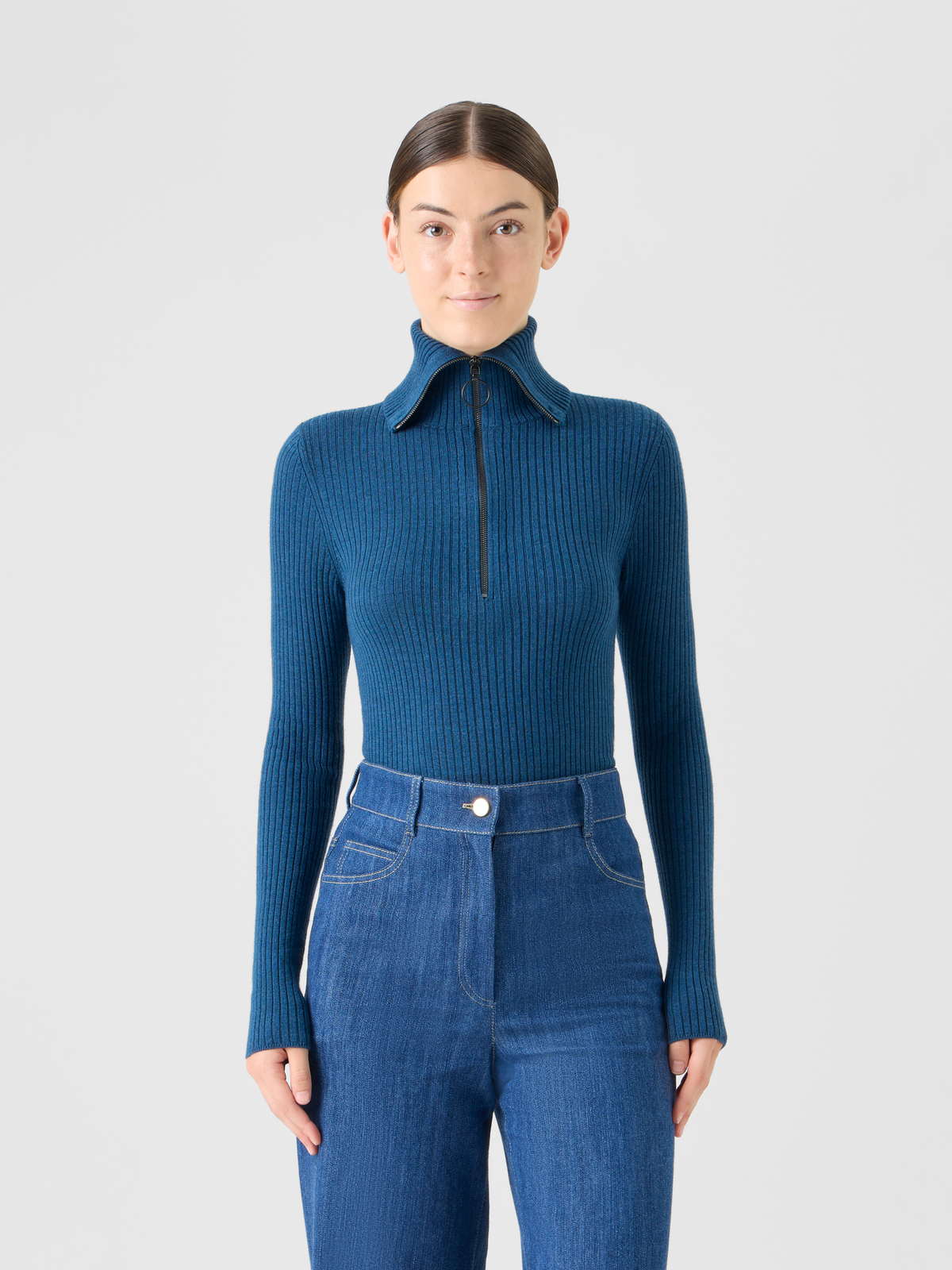 Designer Sailor Collar Merino Wool Rib Half-Zip Sweater - blue #editorial