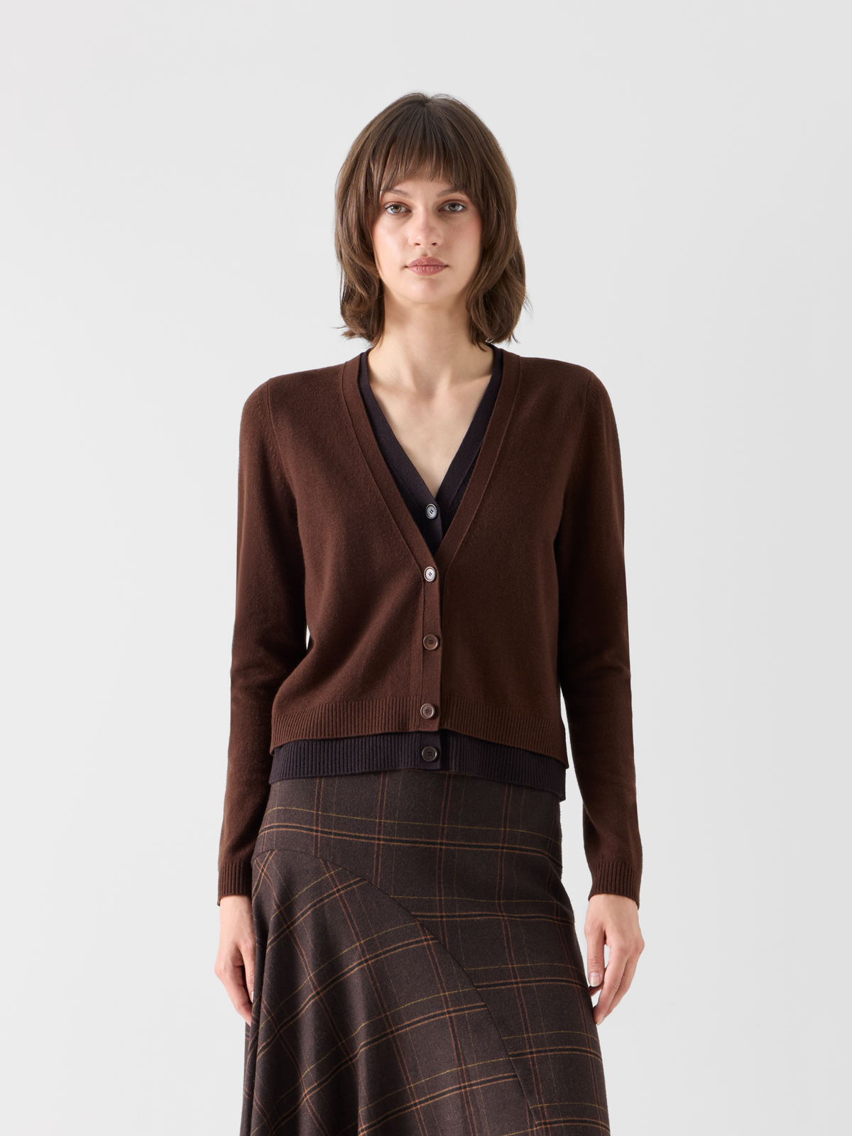 Designer Wool Cashmere Cardigan with V-Neck Trompe l'Oeil - brown 