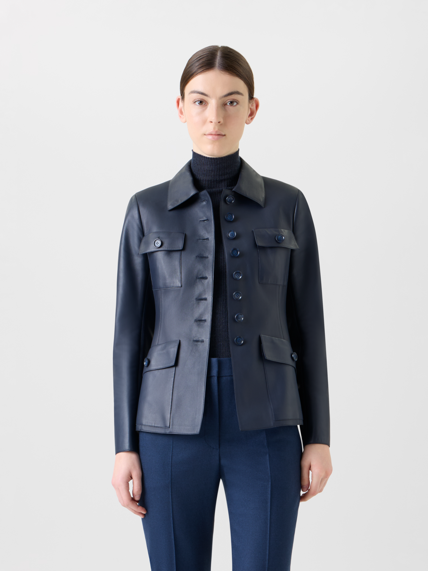 Designer Fitted Leather Jacket with Patch Pockets - neutral - navy - blue 