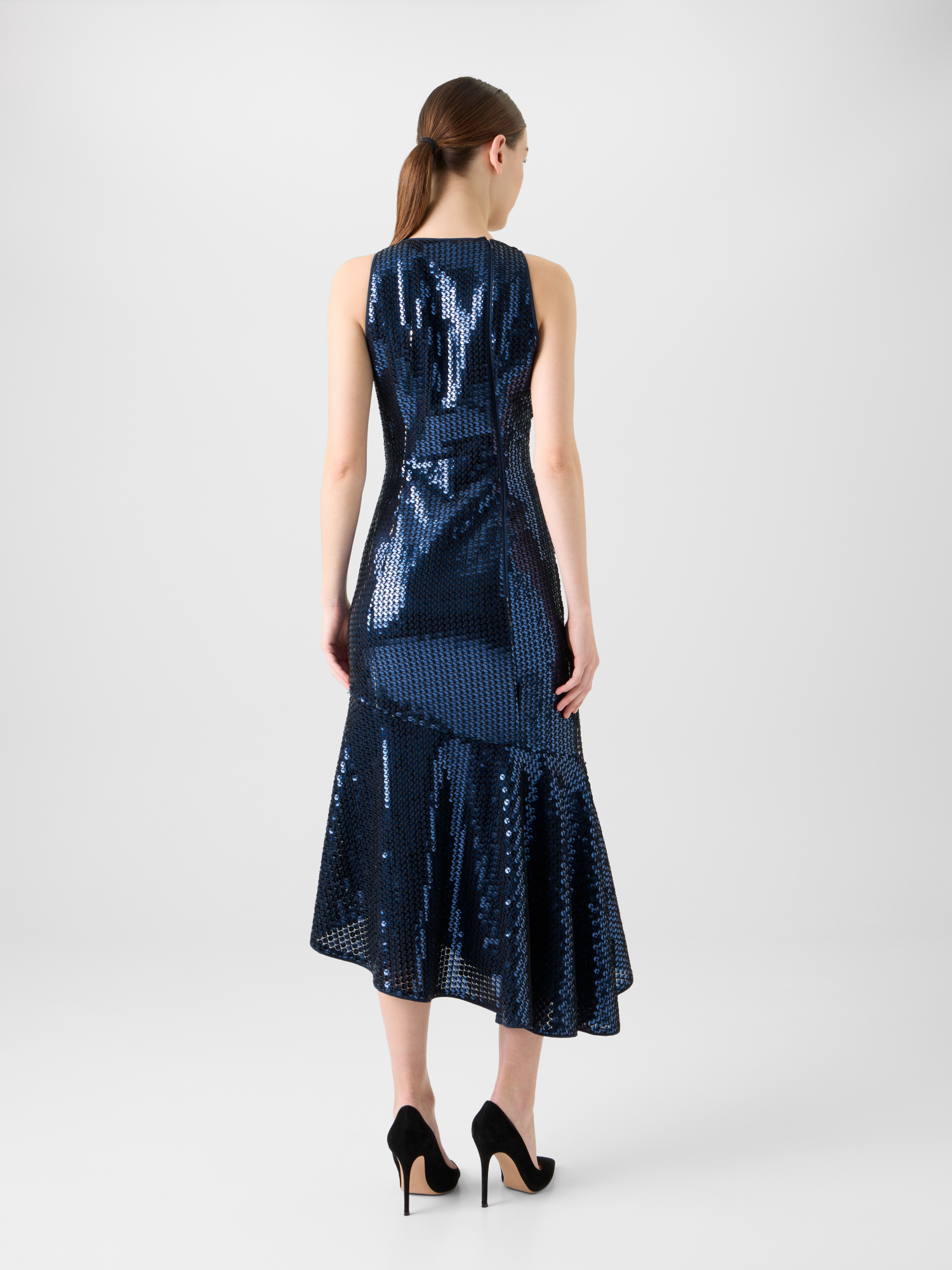 Designer Asymmetrical Sequin Dress with Flounce Hem - neutral - navy - blue 