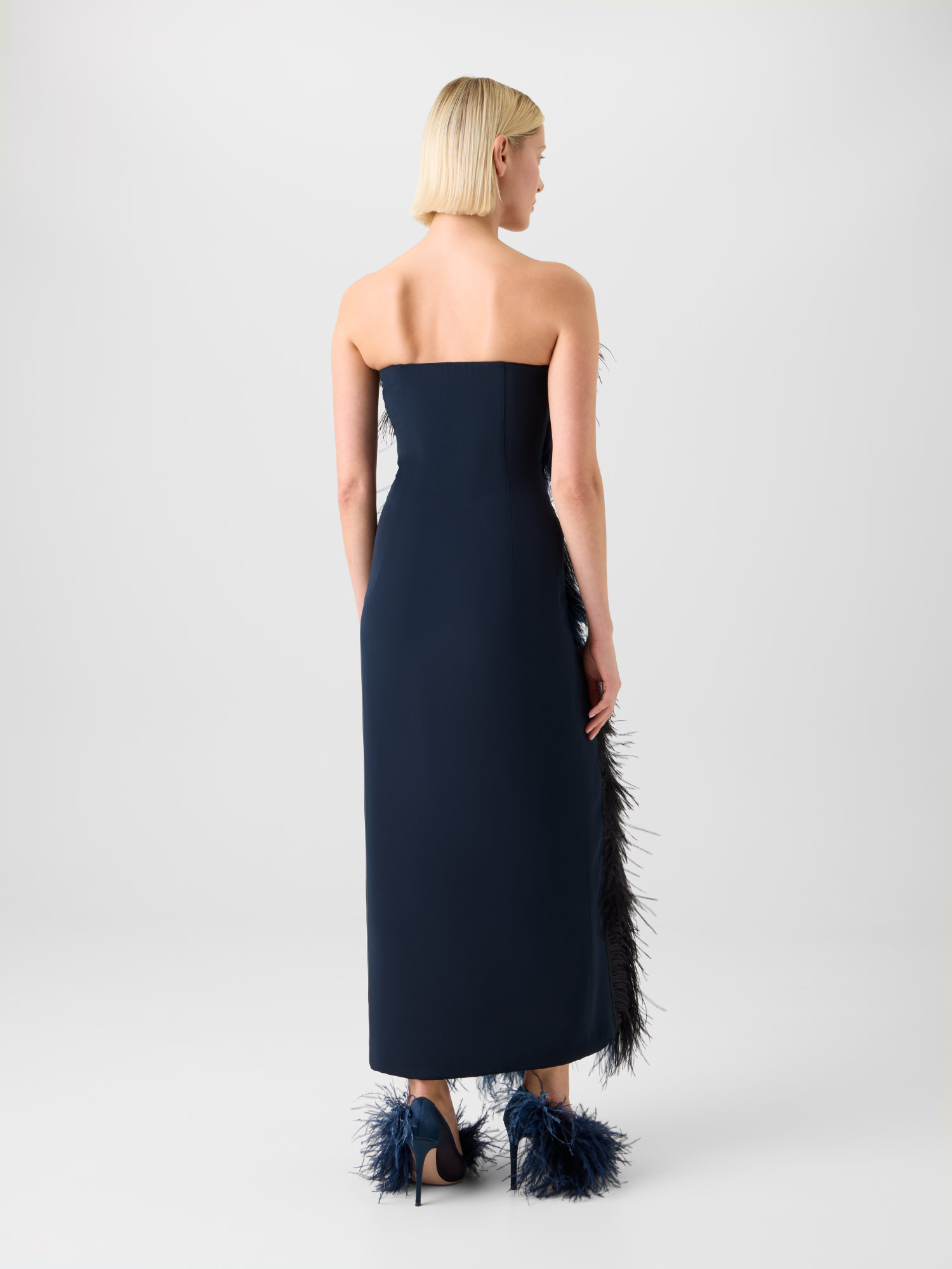 Designer Feathered Corsage Silk Gown with Slit - navy - blue - multicolor 