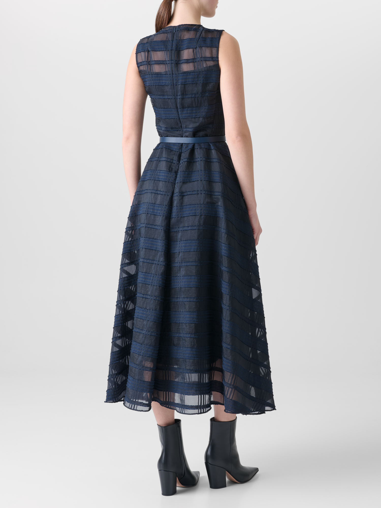 Designer Plaid Fit and Flare Midi Dress - neutral - navy - blue