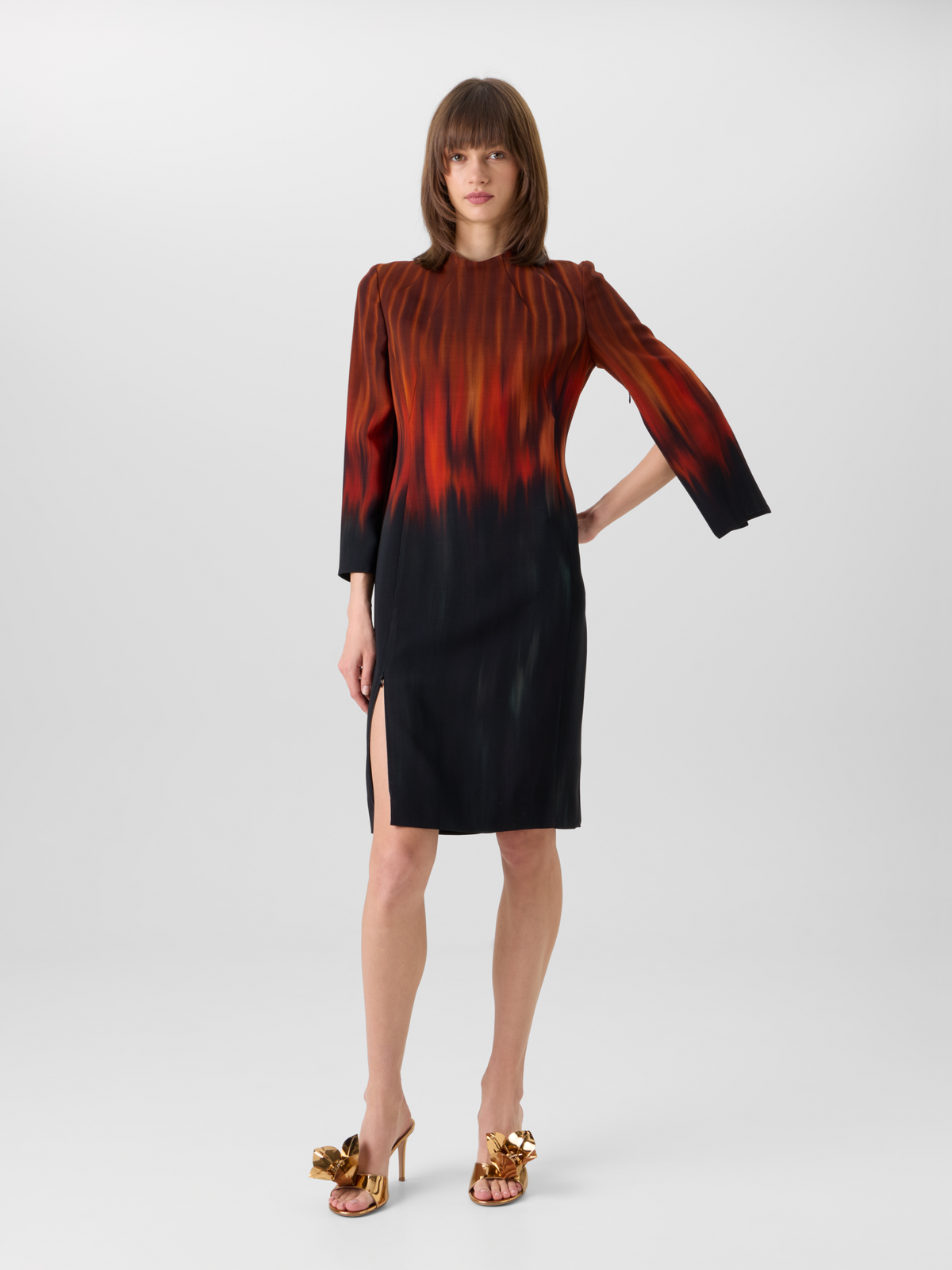 Designer Wool Double-Face Dress with Fuego Negro Print - black - brown - red - multicolor 