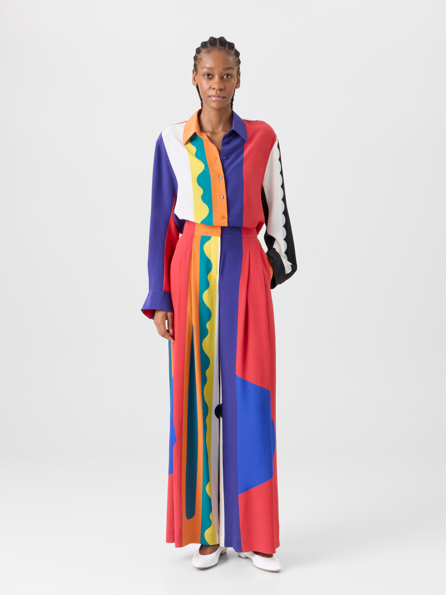 Designer Cassie Wide Silk Pants with Paravent Print - multicolor 