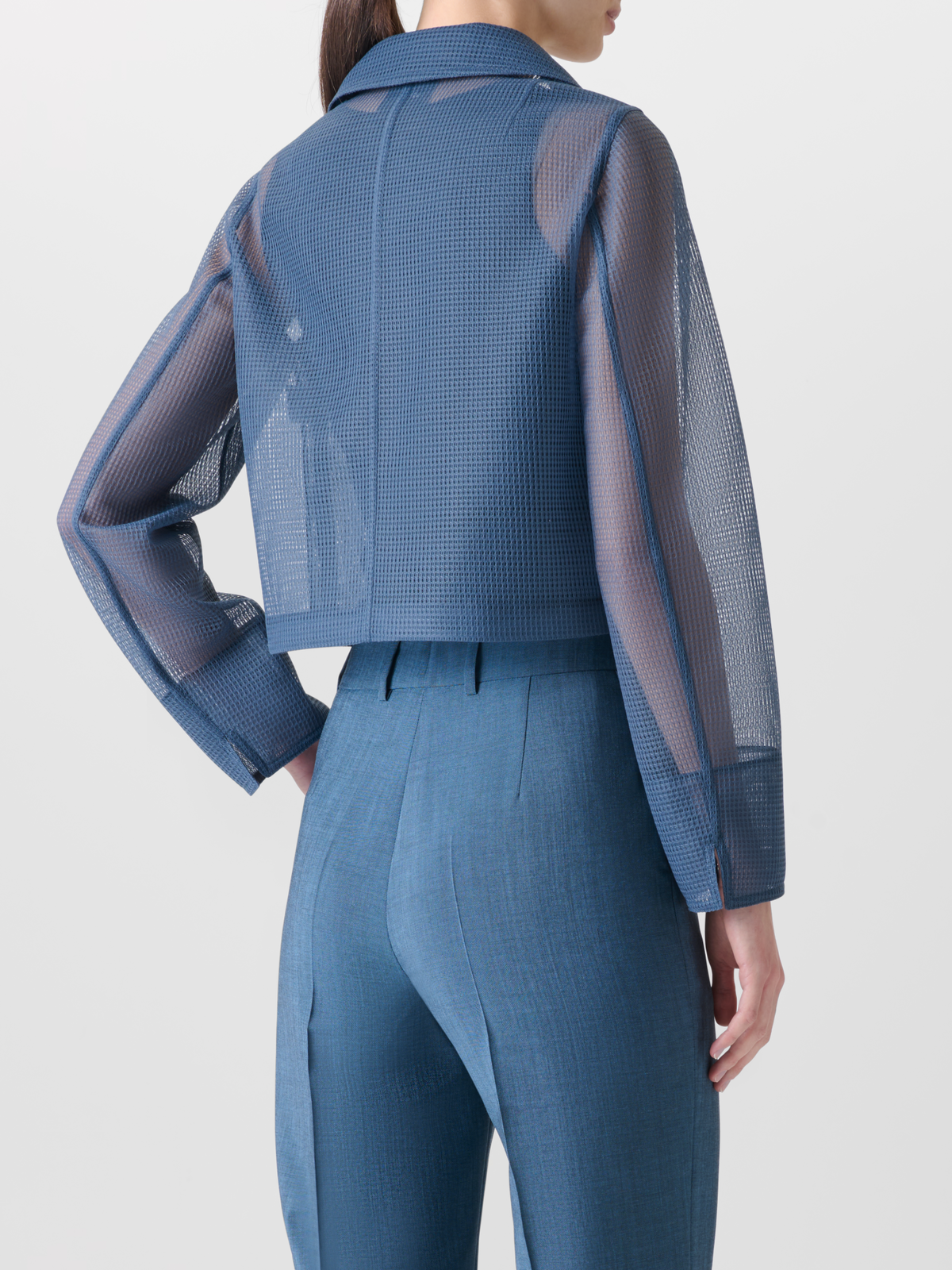 Designer Cropped Jacket in Sheer Techno Grid - blue #editorial
