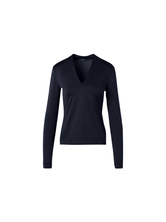Designer Cotton Stretch Jersey V-Neck Blouse - navy