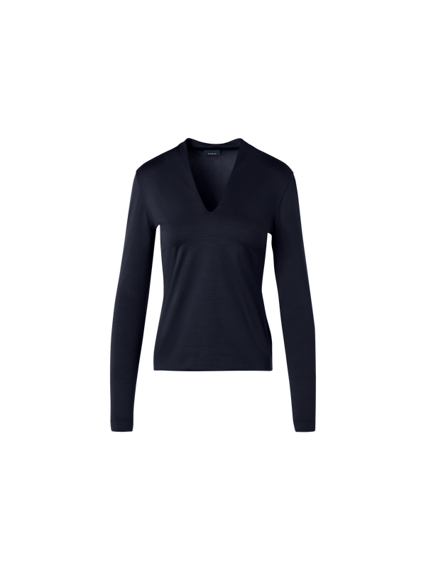 Designer Cotton Stretch Jersey V-Neck Blouse - navy