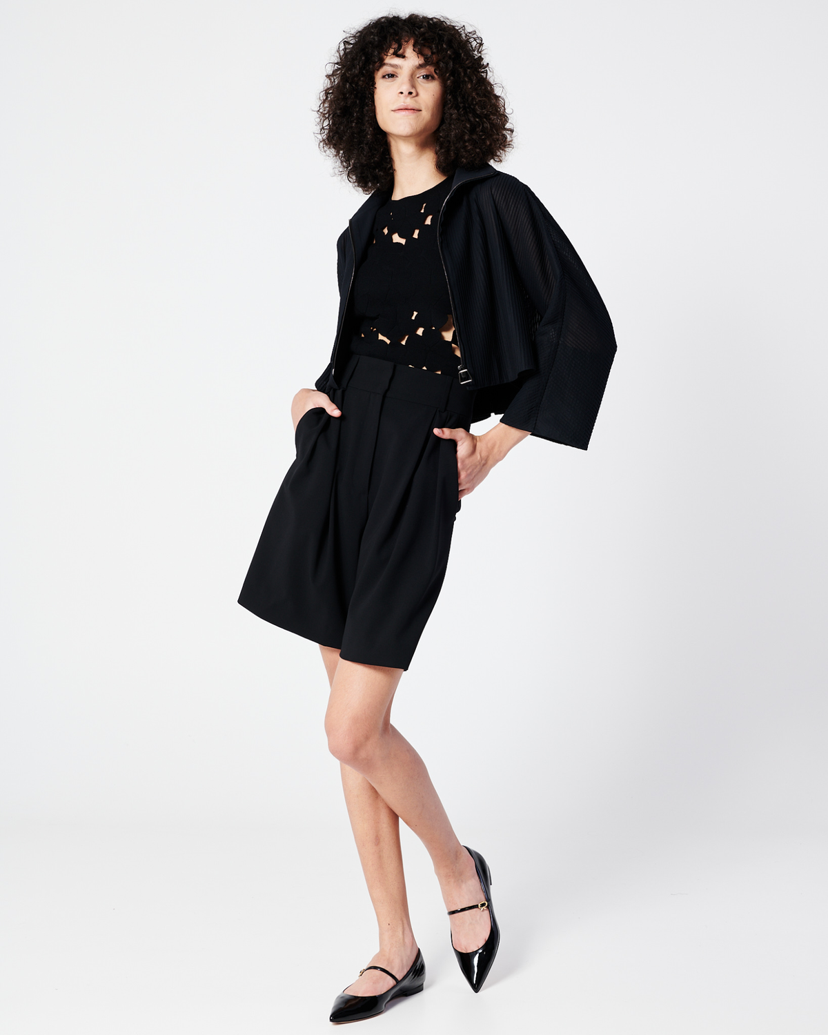 Designer Pleated Cool Wool Bermuda Shorts - neutral - black #editorial