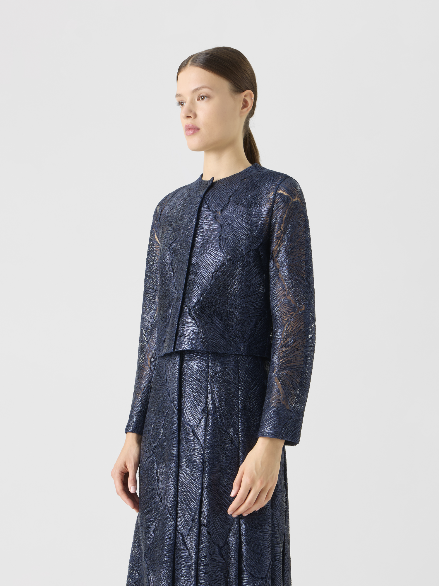 Designer Lacquered Sea Fan Lace Short Jacket - navy 