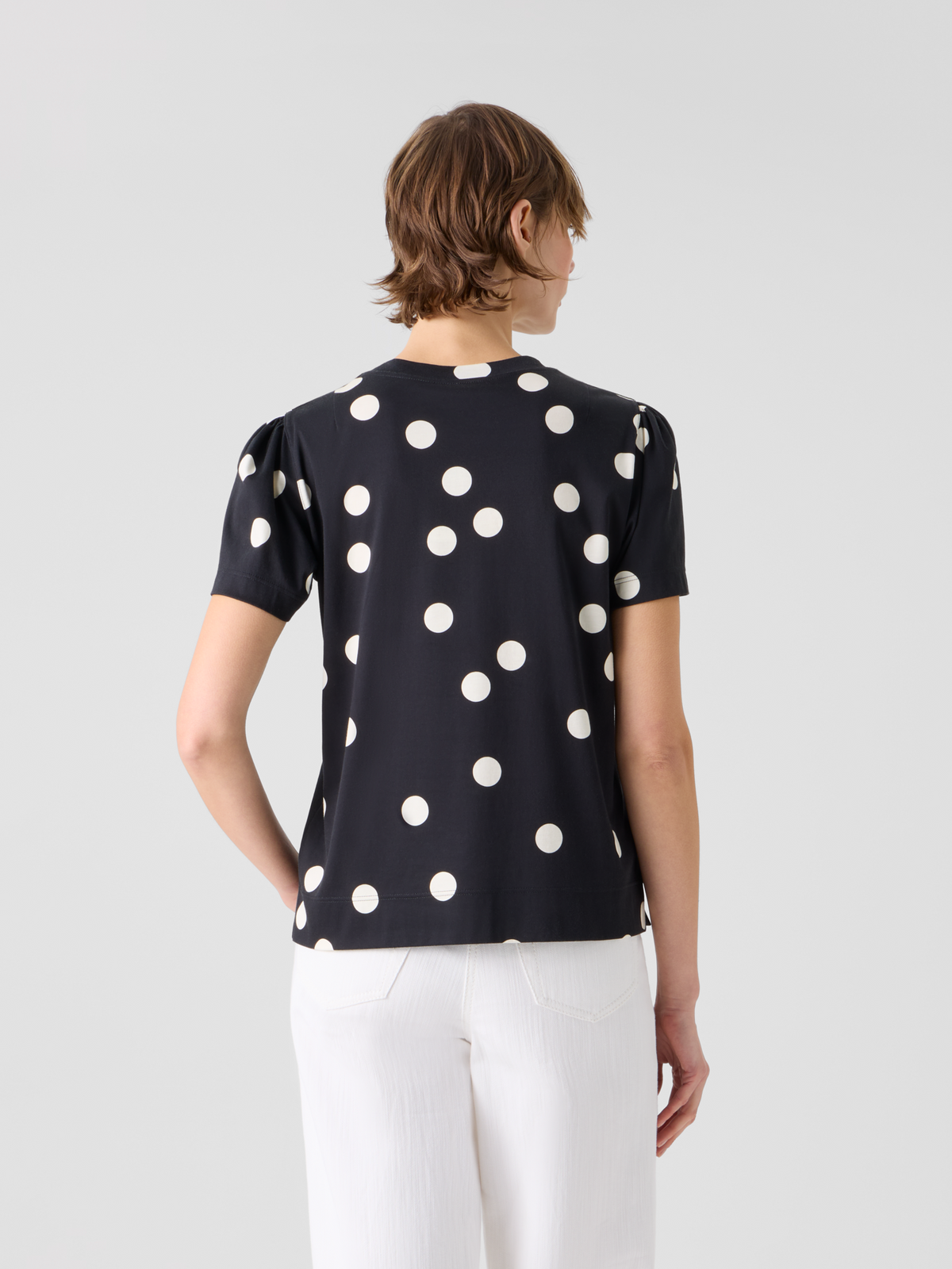 Designer Polka Dot Cotton Jersey T-Shirt with Puff Sleeves - black #editorial