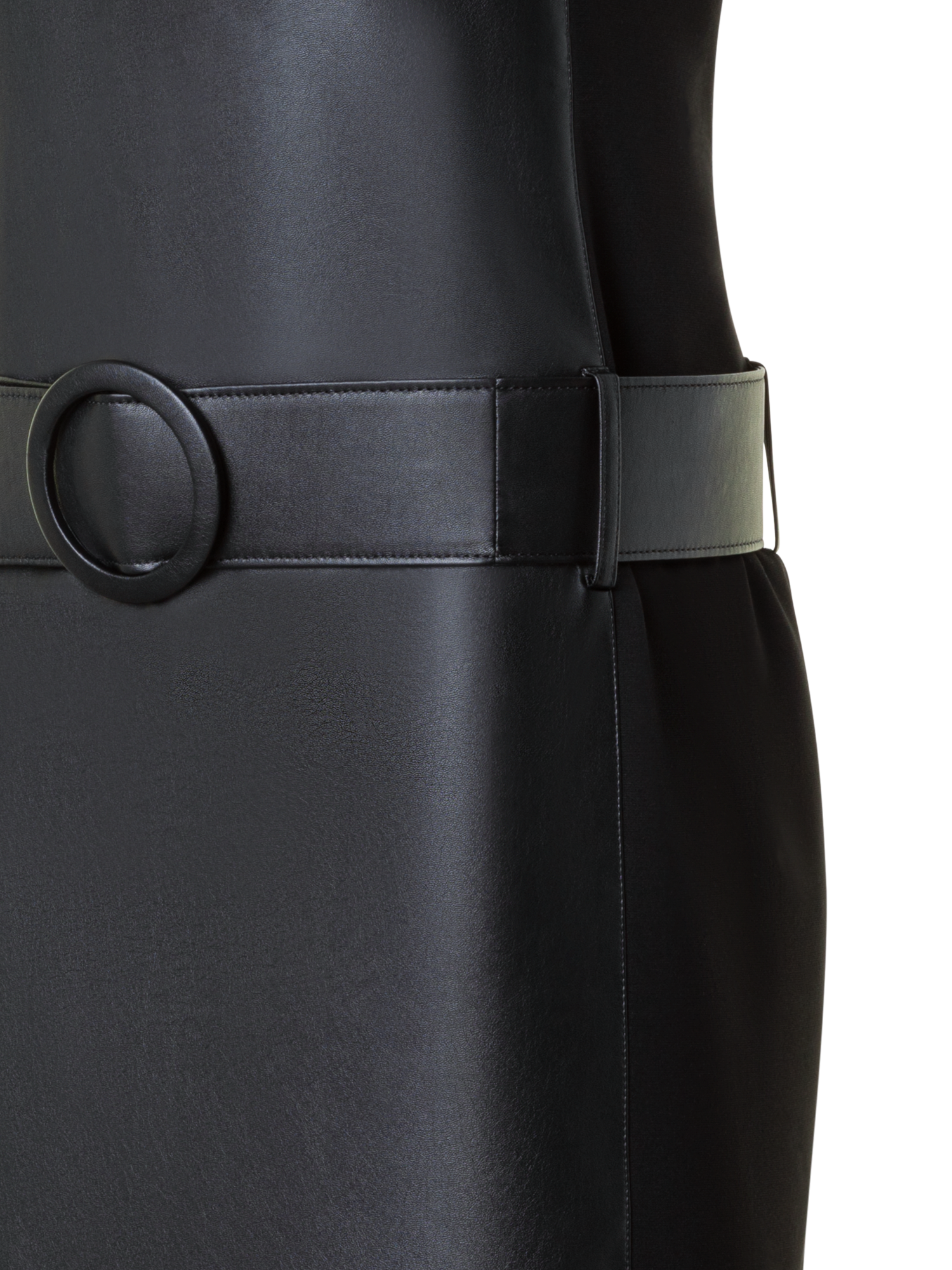 Designer Faux Leather Front Mini Dress with Belt - black - neutral