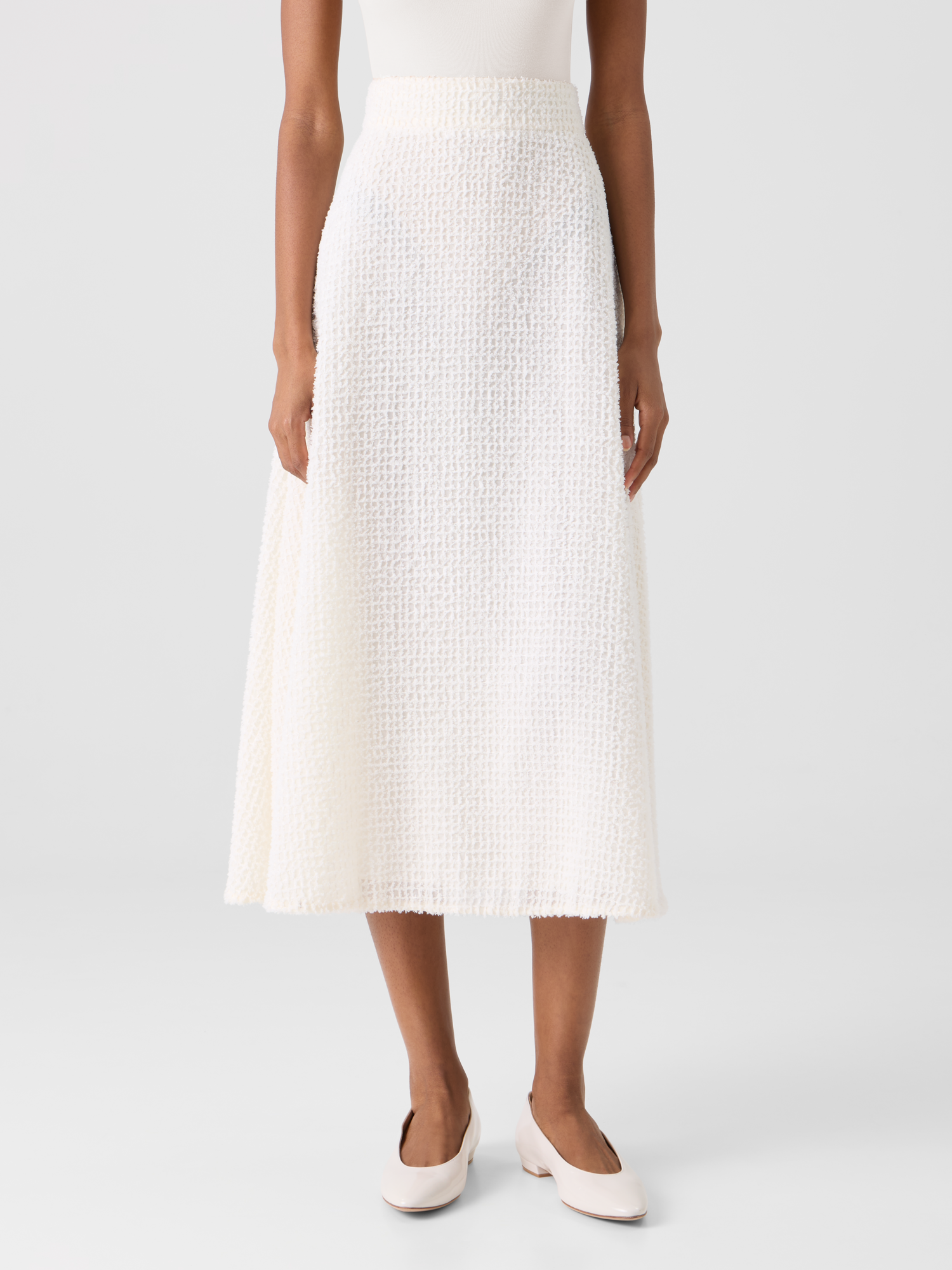 Designer Flared Midi Skirt in Fringed Grid - ecru 