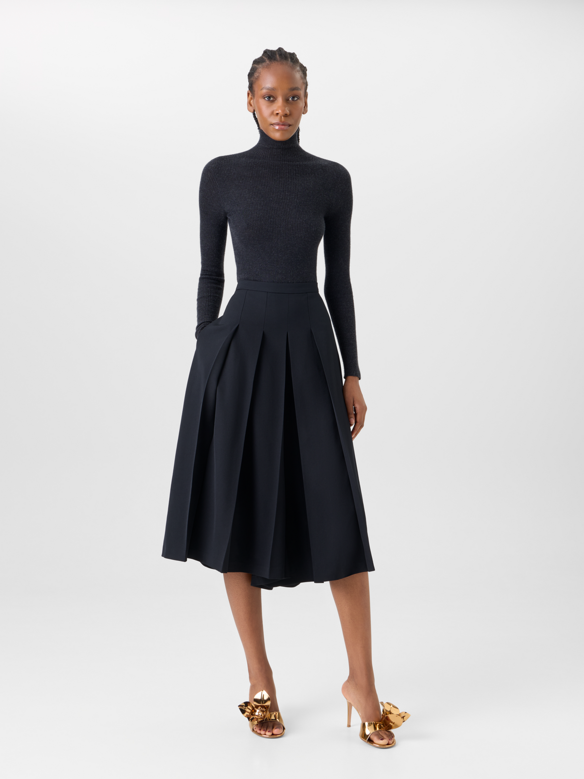 Designer Pleated Midi Skort in Wool Gabardine - black #editorial