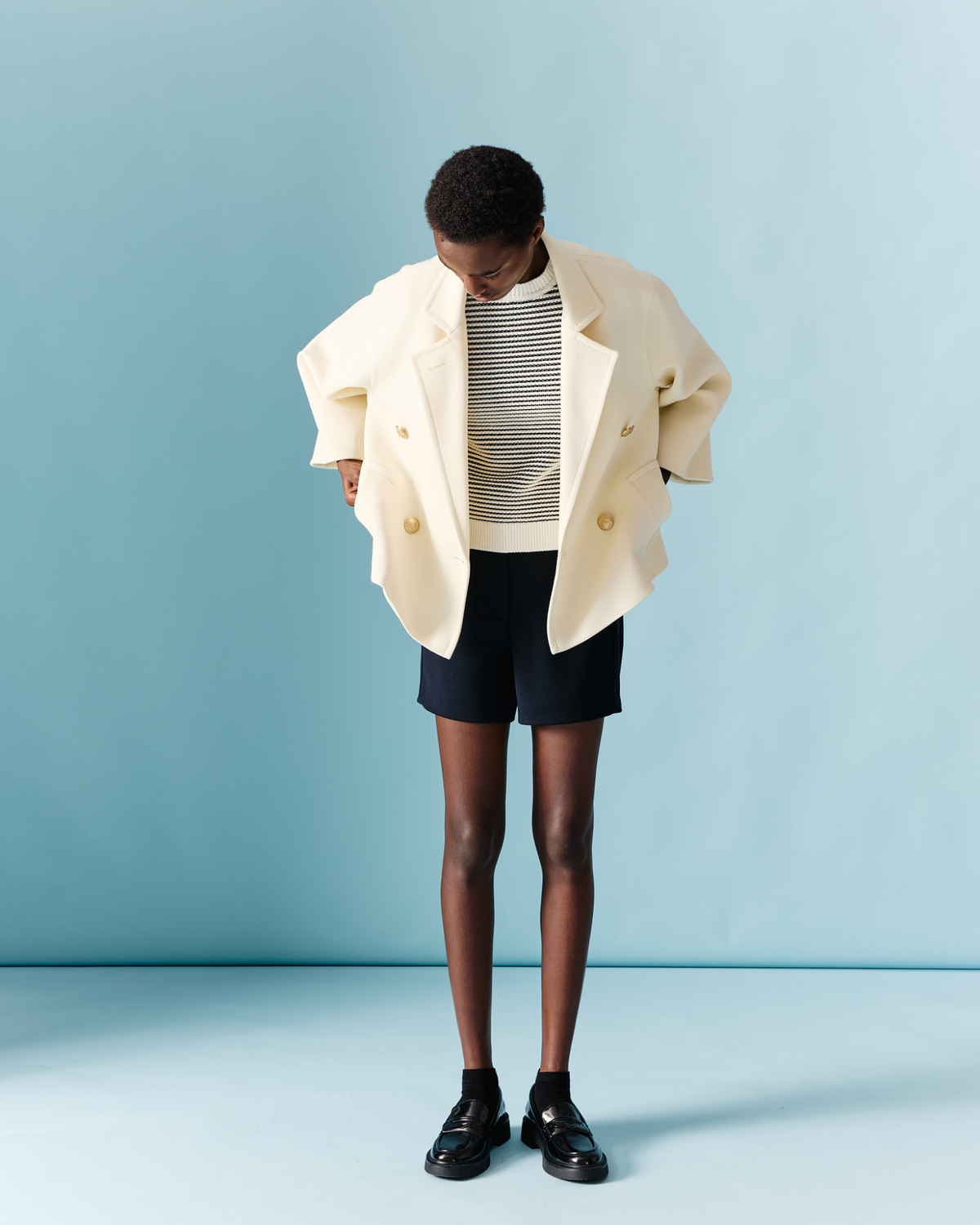 Designer Double-Breasted Wool Pea Coat - ecru - white #editorial