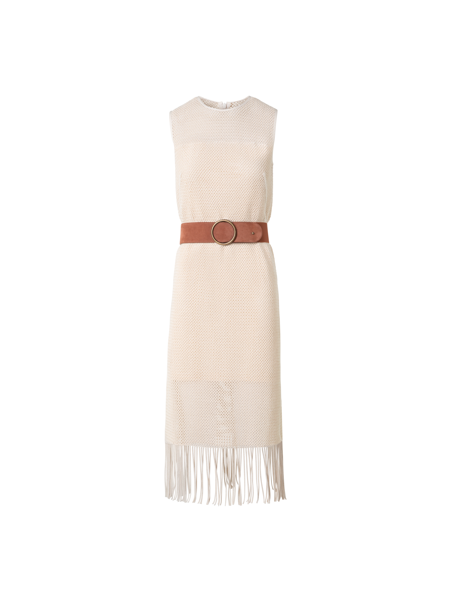 Designer Midi Dress in Cotton Mesh with Fringes - neutral - pastel - beige