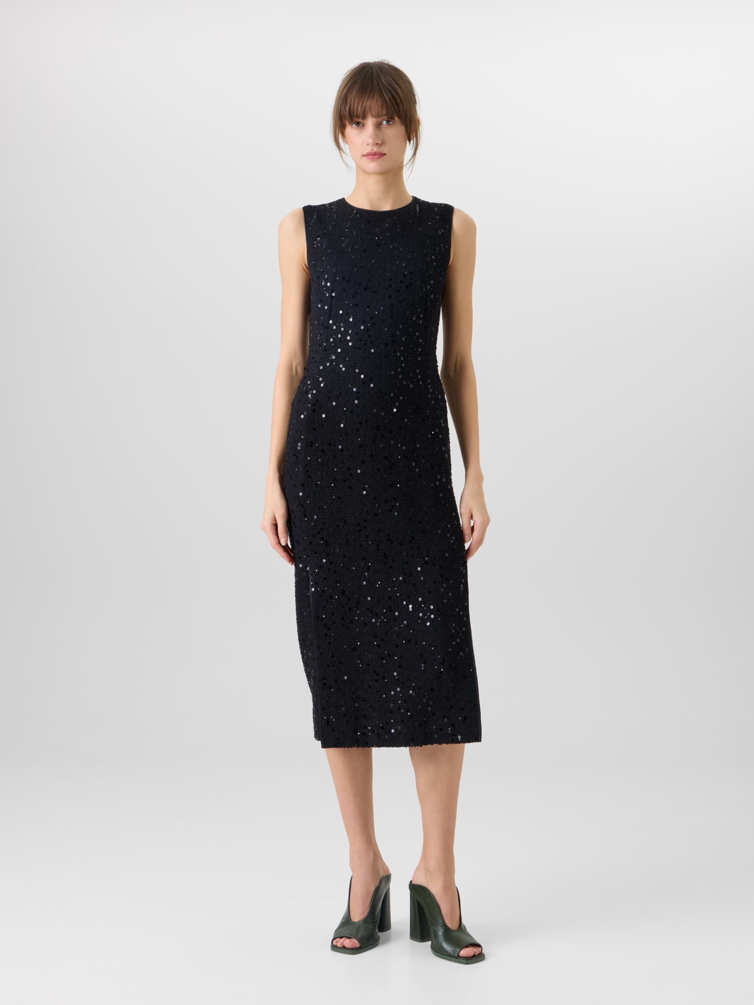 Designer Sleeveless Cotton-Wool Tweed Midi Sheath Dress with Sequins - black 