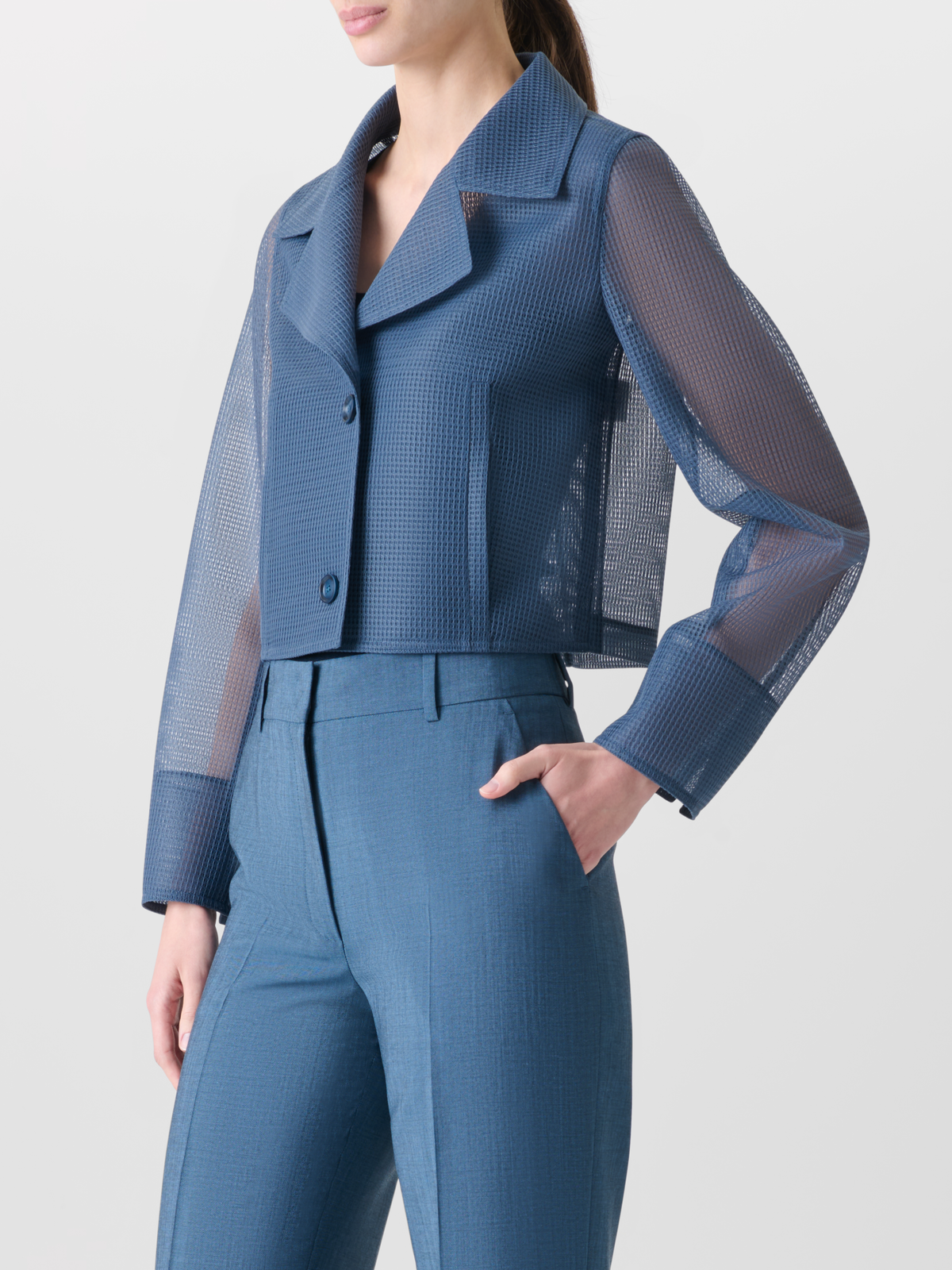 Designer Cropped Jacket in Sheer Techno Grid - blue #editorial