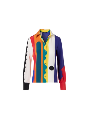 Designer Silk Crêpe Blouse with Paravent Print - multicolor
