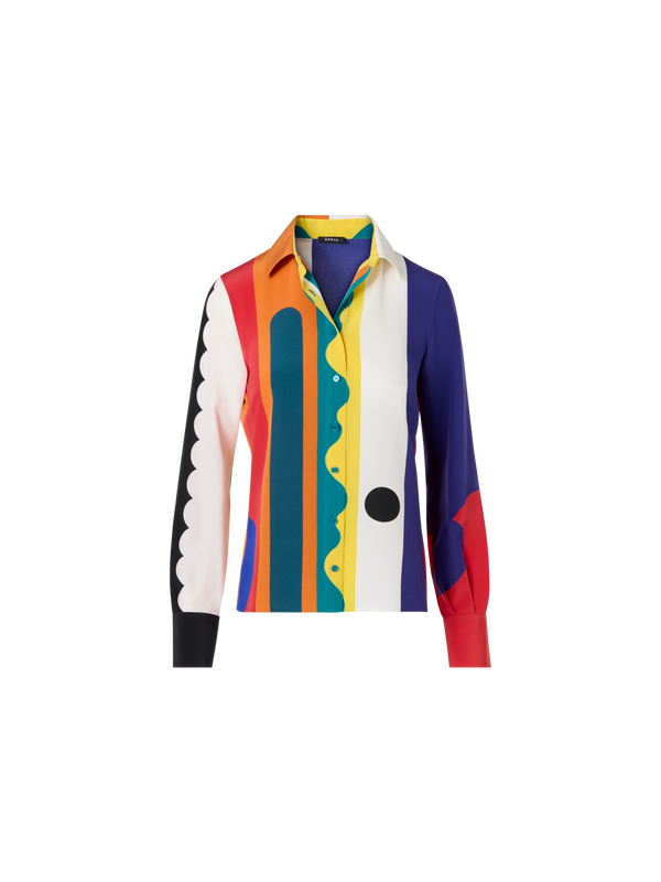 Designer Silk Crêpe Blouse with Paravent Print - multicolor