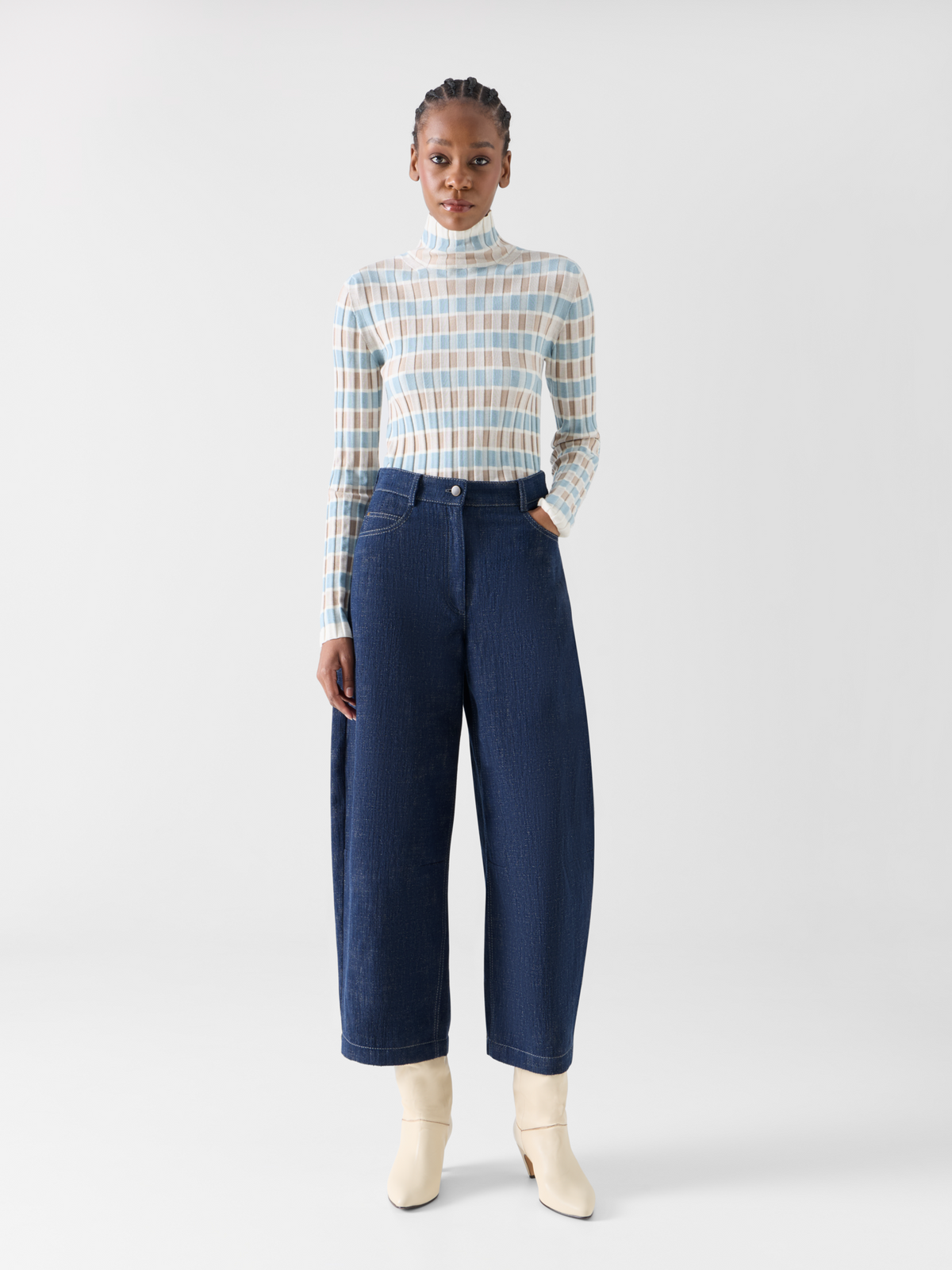 Designer Barrel Leg Pants in Brushed Winter Denim - navy #editorial