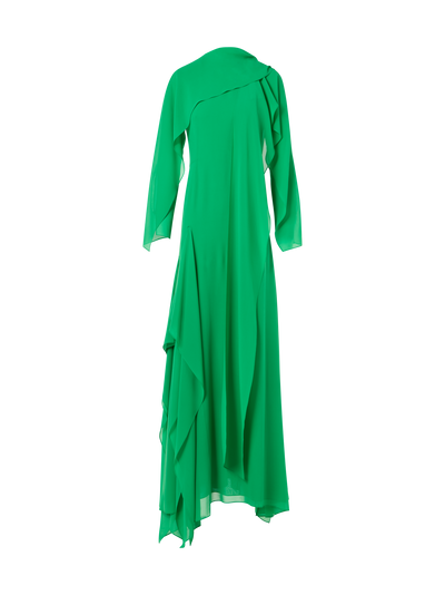 Designer Silk Georgette Asymmetrical Gown with Cape Sleeves - green