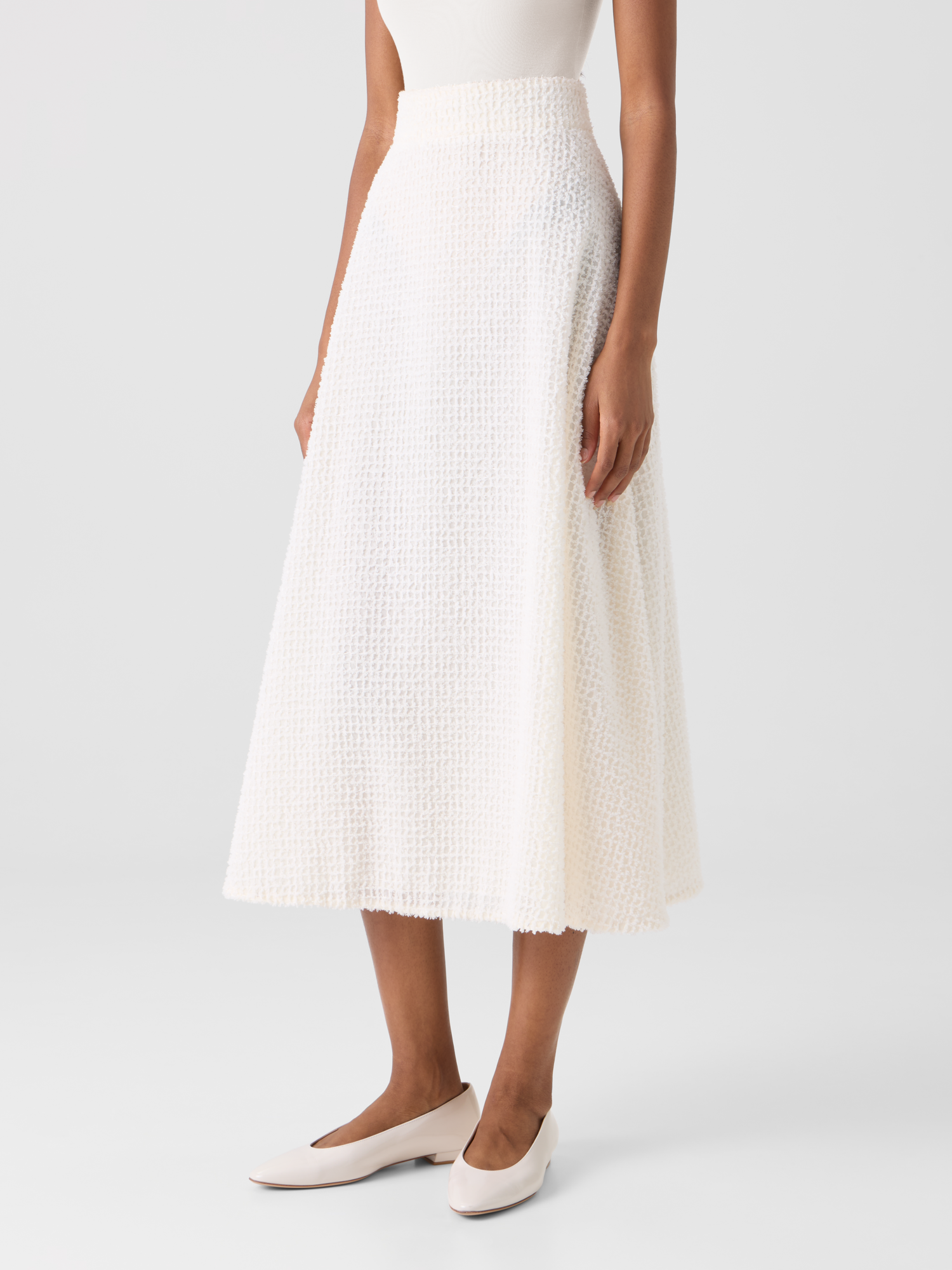 Designer Flared Midi Skirt in Fringed Grid - ecru 