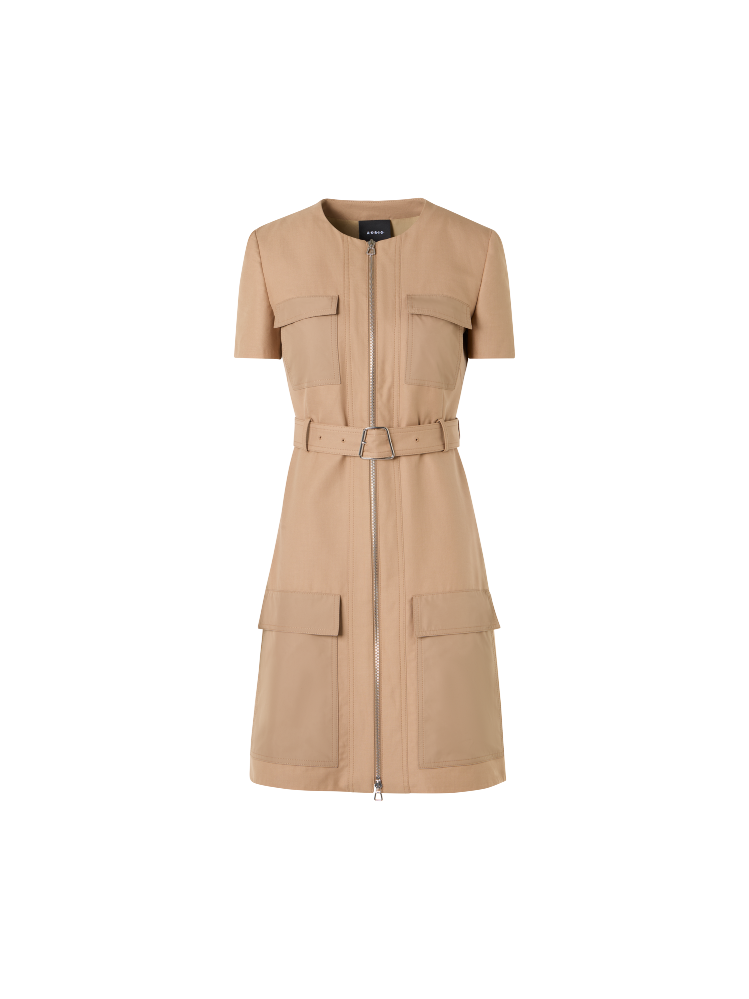 Designer Short-Sleeve Cotton Double-Face Dress - beige
