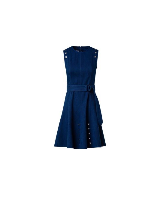 Designer A-Line Denim Stretch Dress with Eyelet Detail - navy - blue