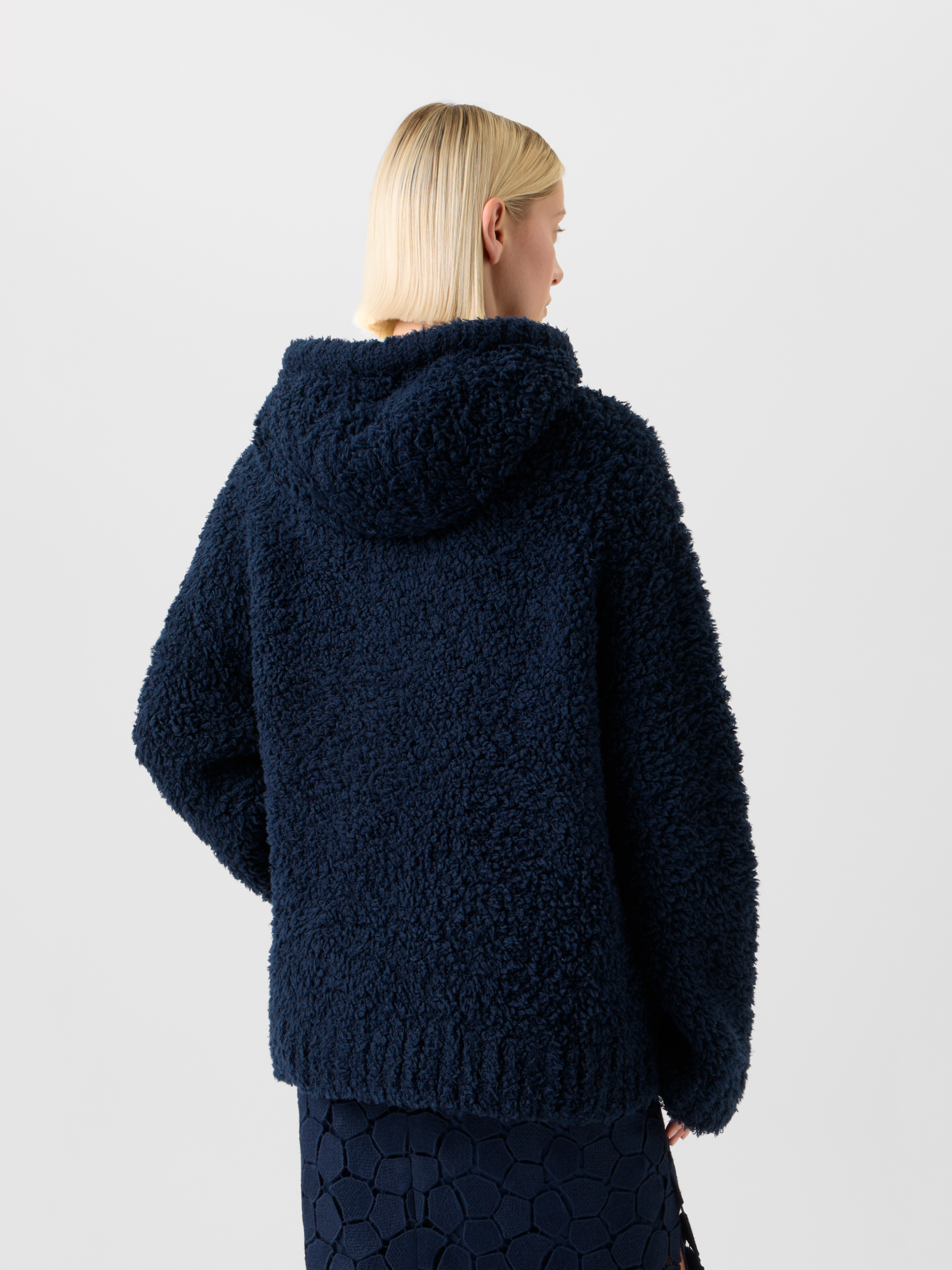 Designer Oversized Wool Plush Knit Hoodie - neutral - navy - blue 