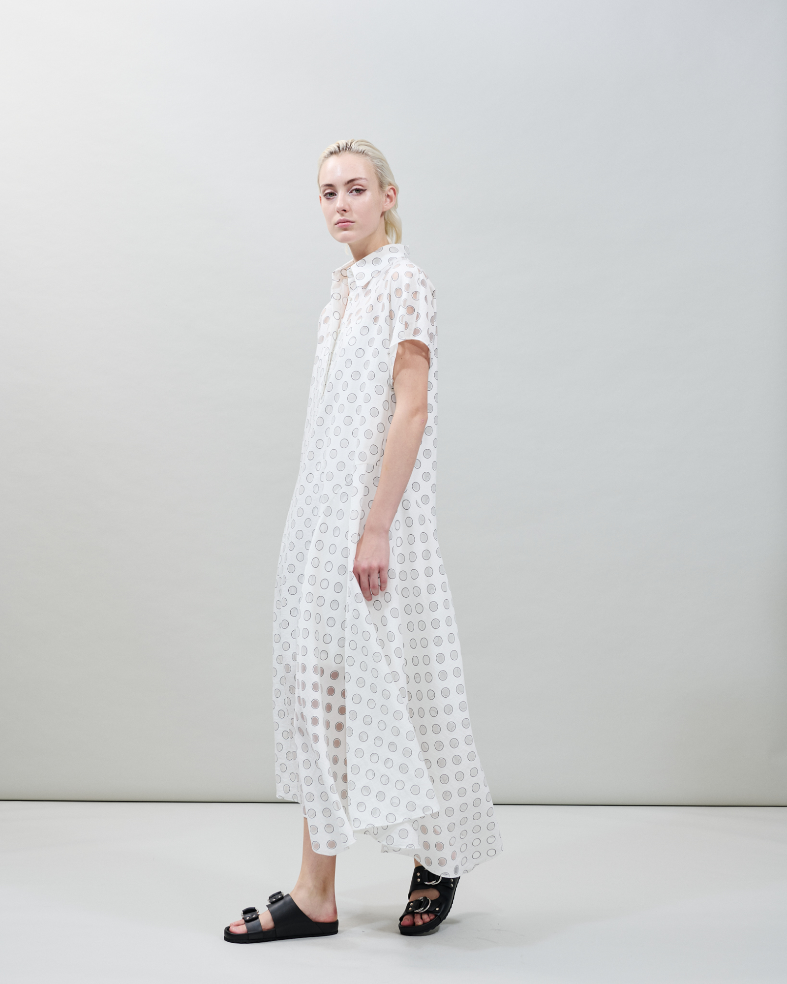 Designer Polka Dot Organzino Midi Dress - neutral - ecru - white 