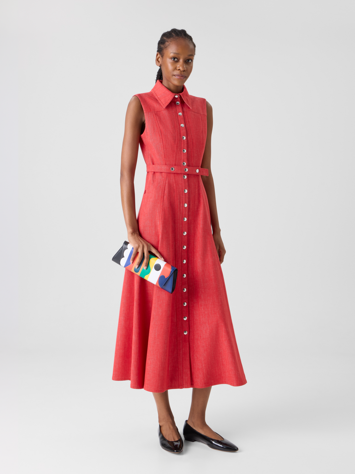 Designer Fit and Flare Denim Midi Dress - red #editorial