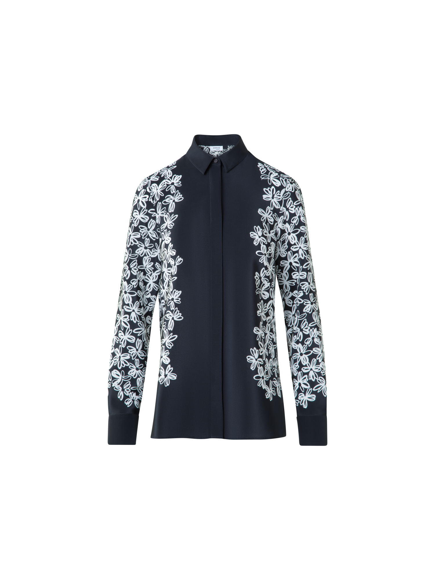 Designer Silk Blouse with Daisy Print - black - neutral - multicolor