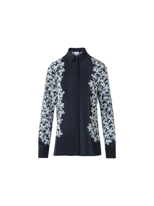 Designer Silk Blouse with Daisy Print - black - neutral - multicolor