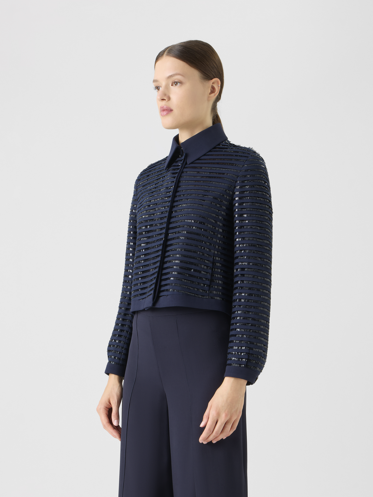 Designer Lamé Fringes Embroidered Wool Short Jacket - navy #editorial