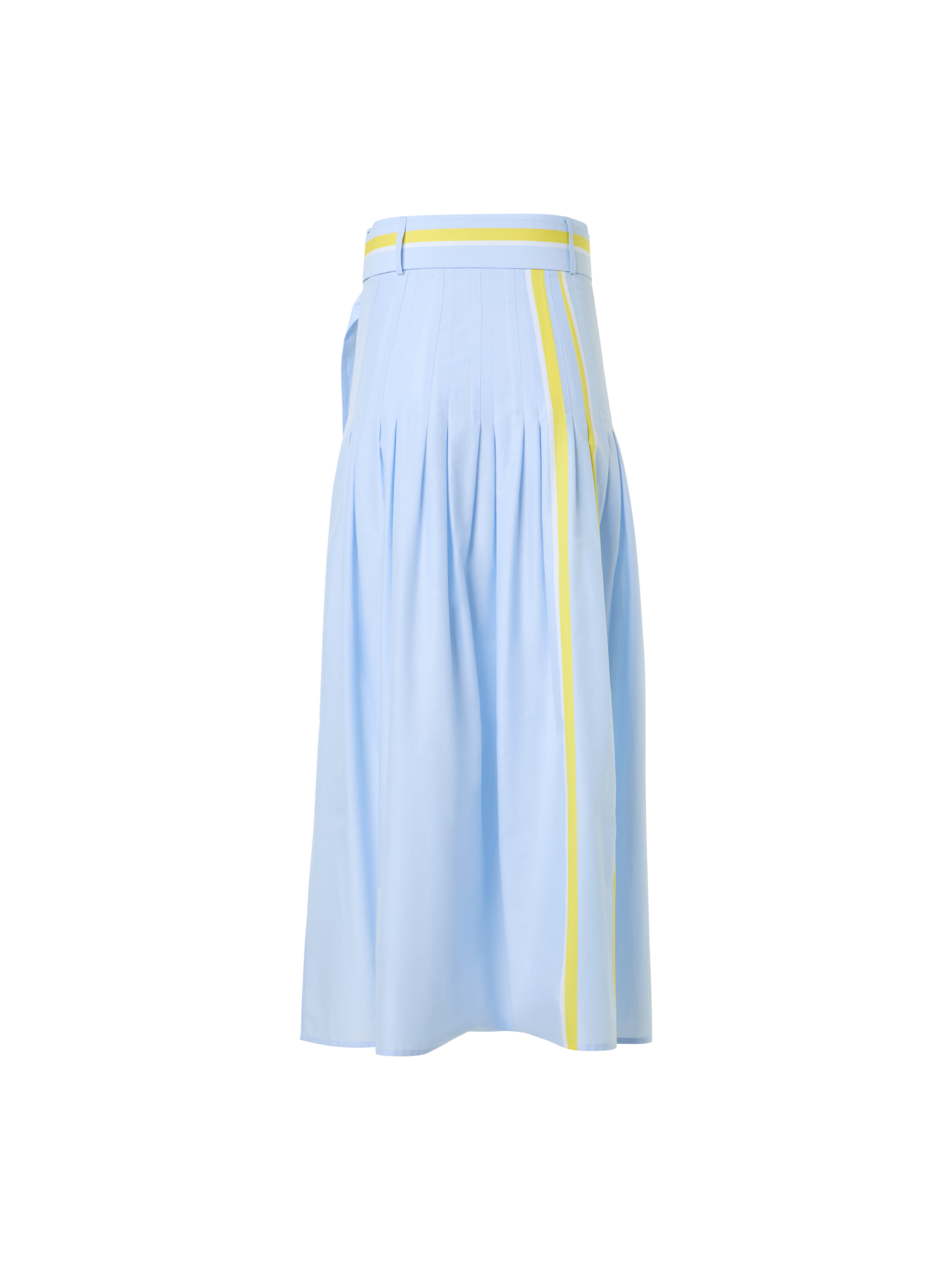 Designer Pleated Striped Cotton Chambray Midi Skirt with Belt - blue - multicolor