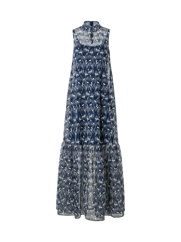 Designer Scribble Dot Embroidered Midi A-Line Dress - blue