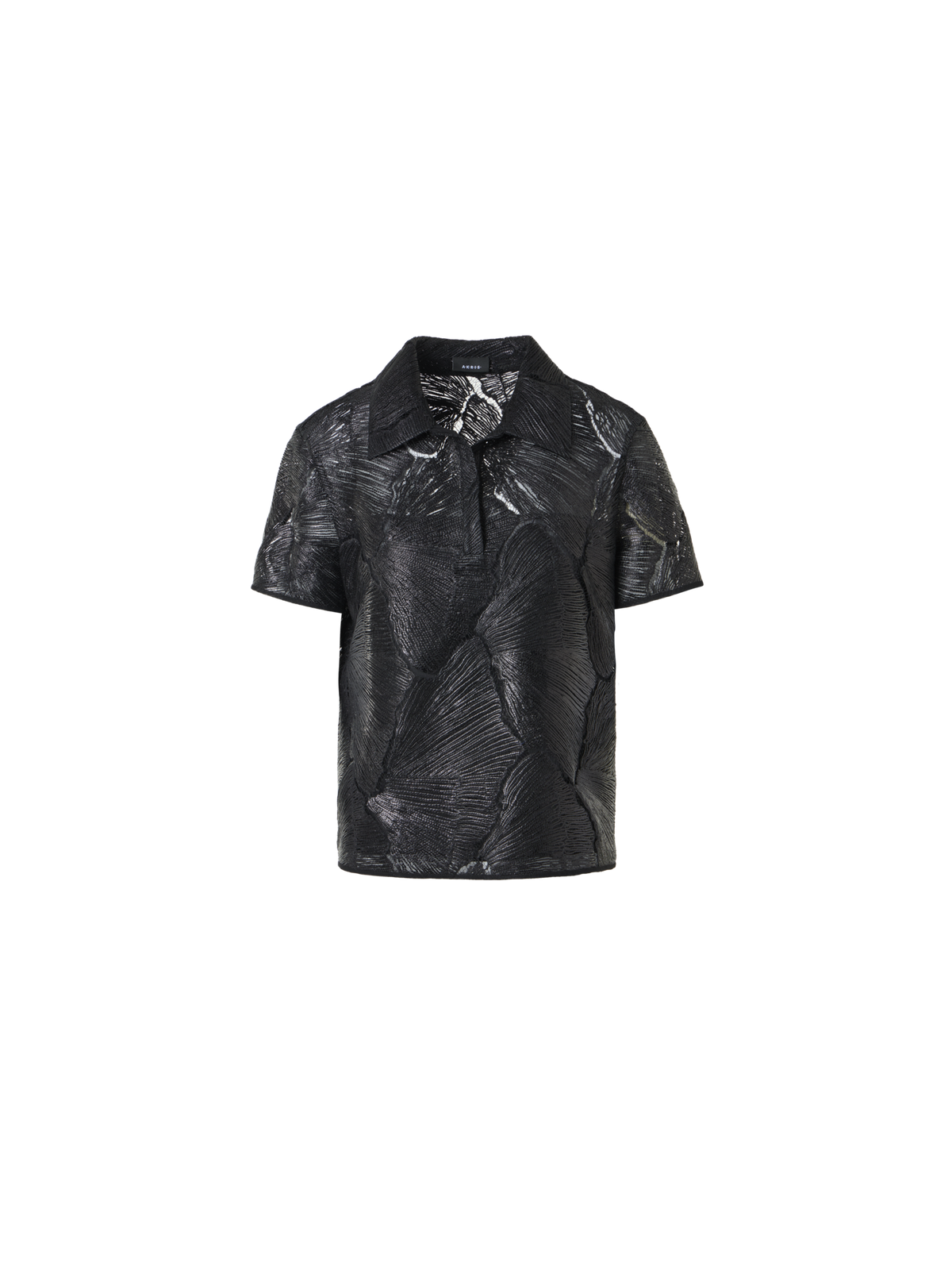 Designer Polo Blouse in Lacquered Sea Fan Lace  - black
