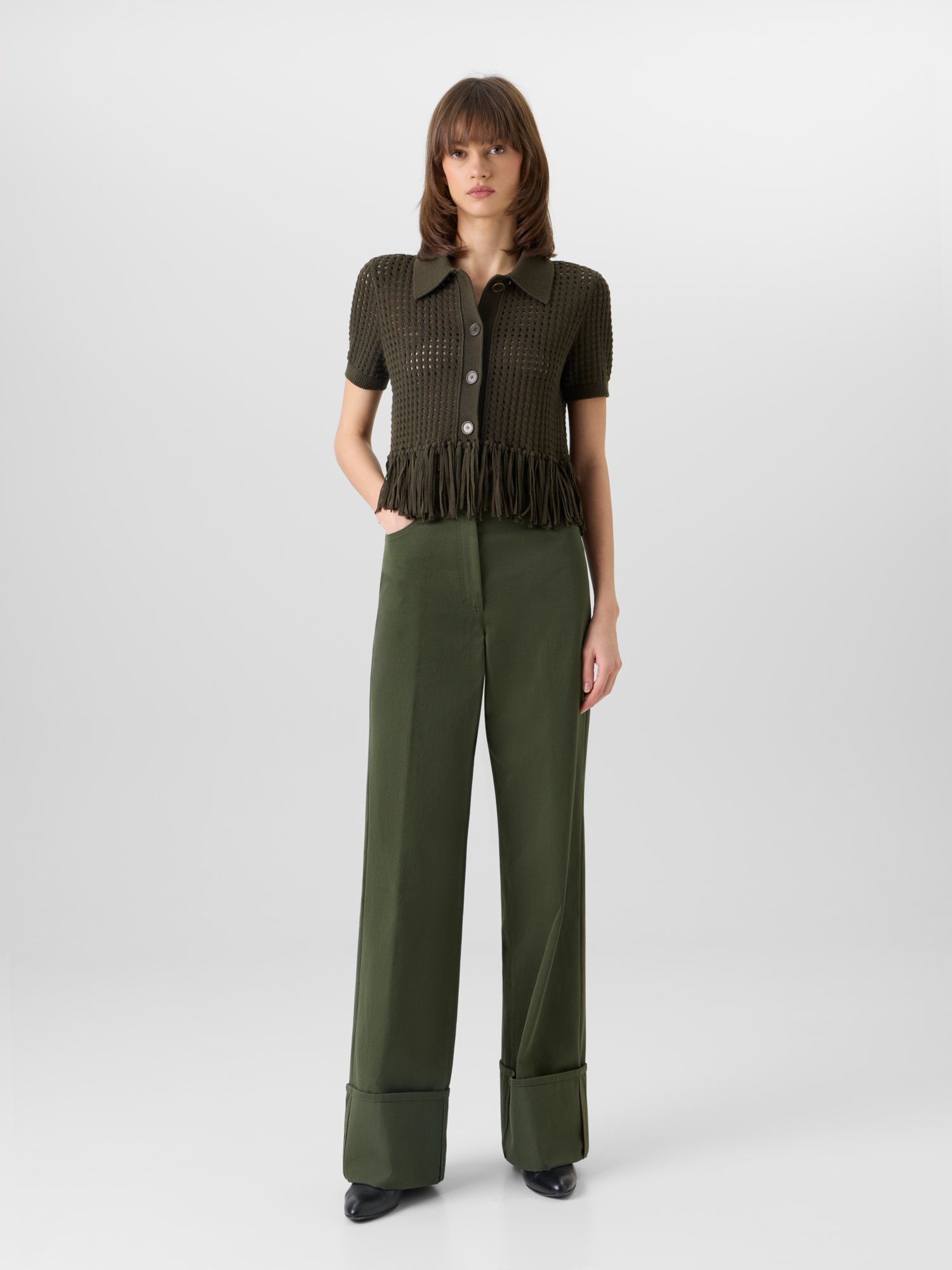 Designer Cooper Straight Wide-Leg Pants in Cotton Gabardine - green 