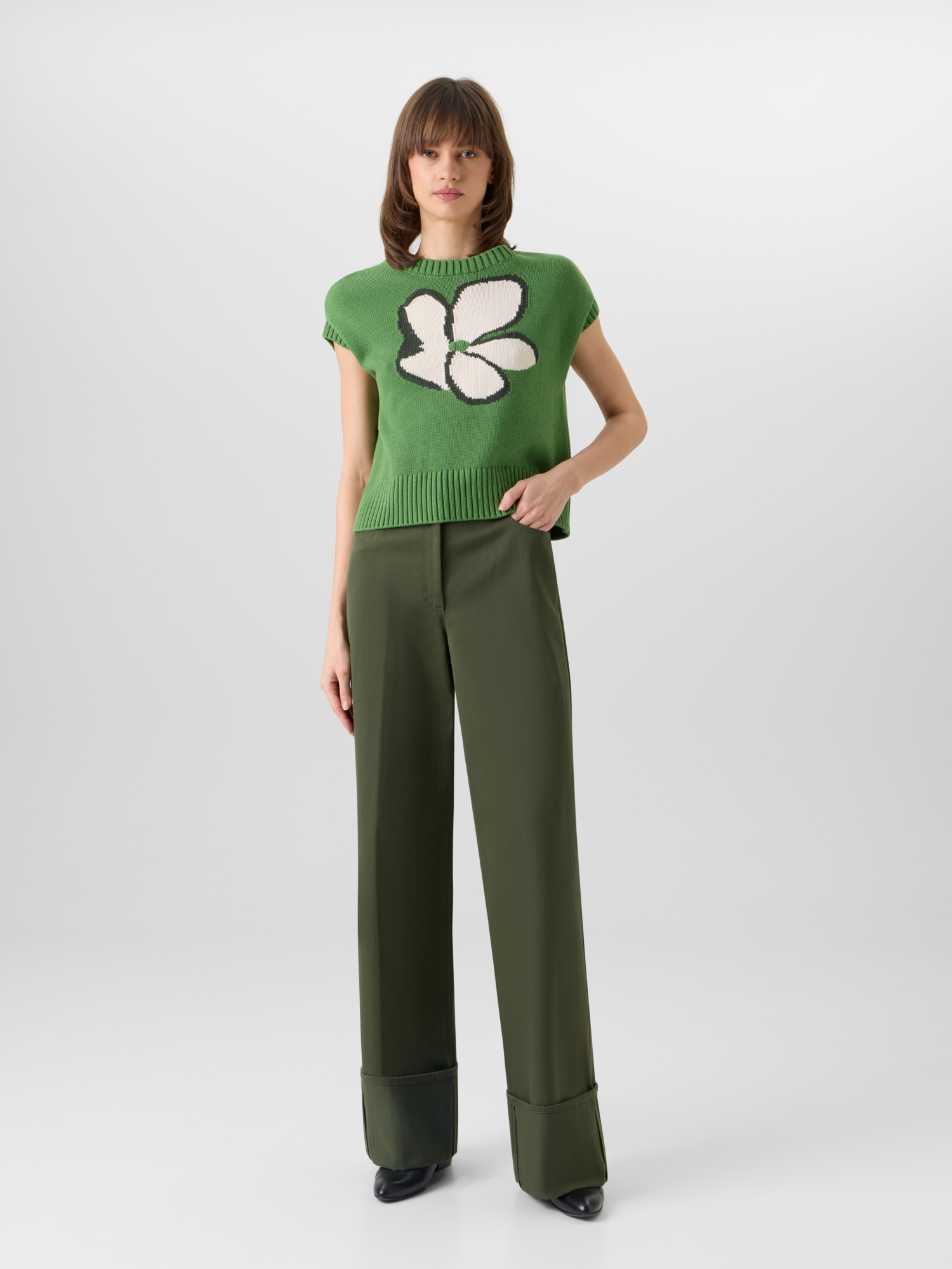 Designer Cap-Sleeve Papercut Flower Knit Sweater - green 