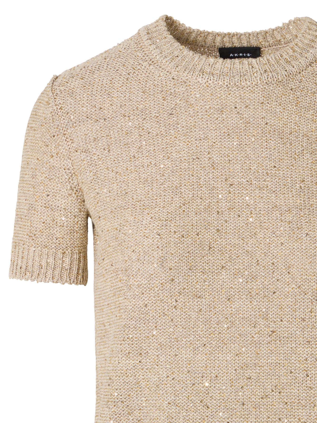 Designer Short-Sleeve Linen Cotton with Micro Sequins Knit Sweater - beige