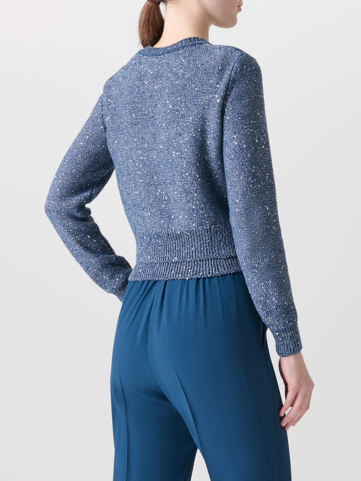 Designer Cardigan in Linen Cotton with Micro Sequins - blue #editorial