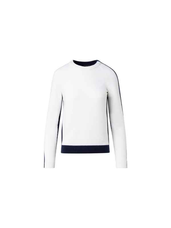 Designer 100% Cashmere Two-Tone Knit Sweater - navy - ecru - white
