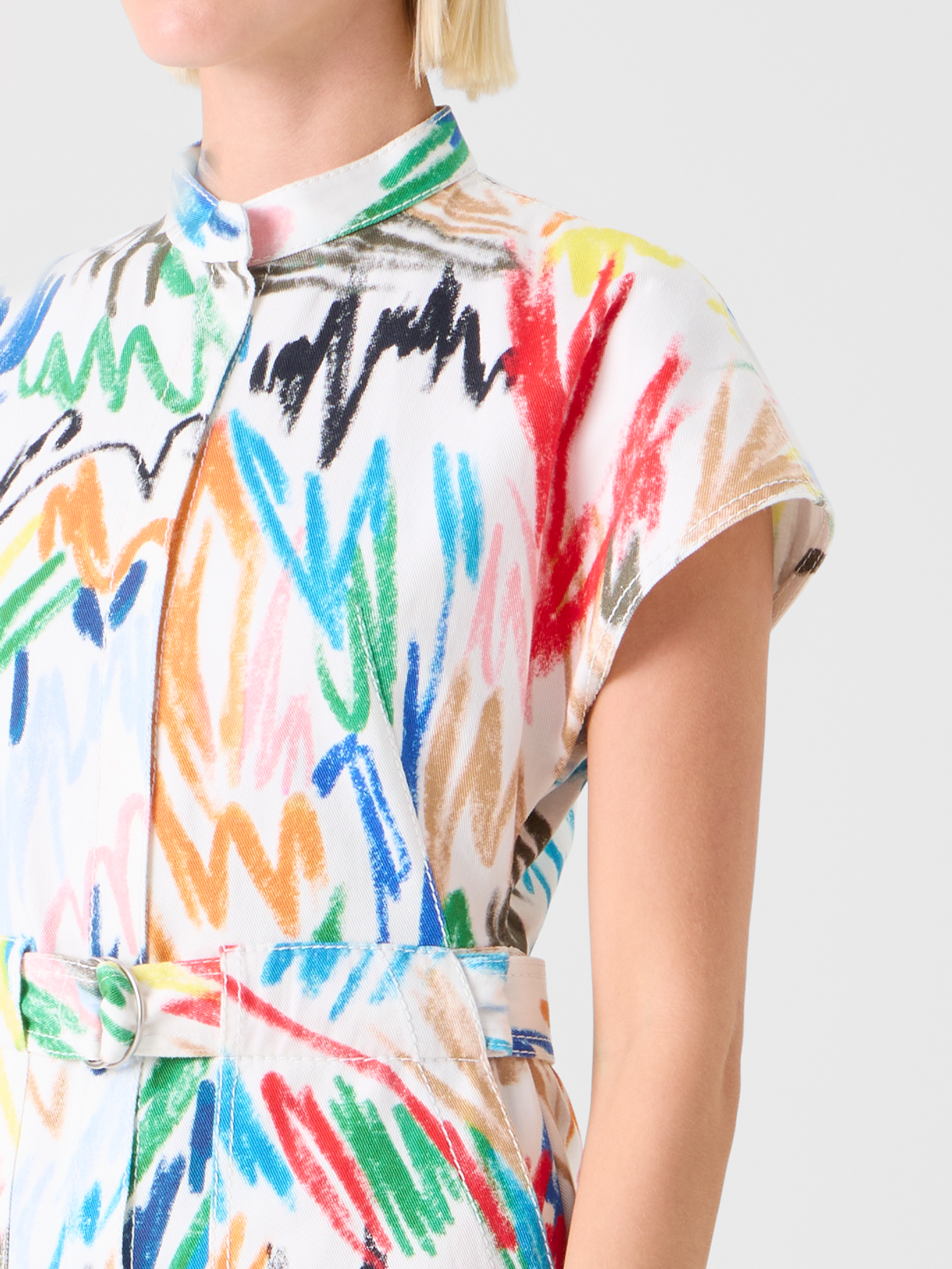 Designer Belted Scribble Print Cotton Denim Mini Dress - multicolor - ecru