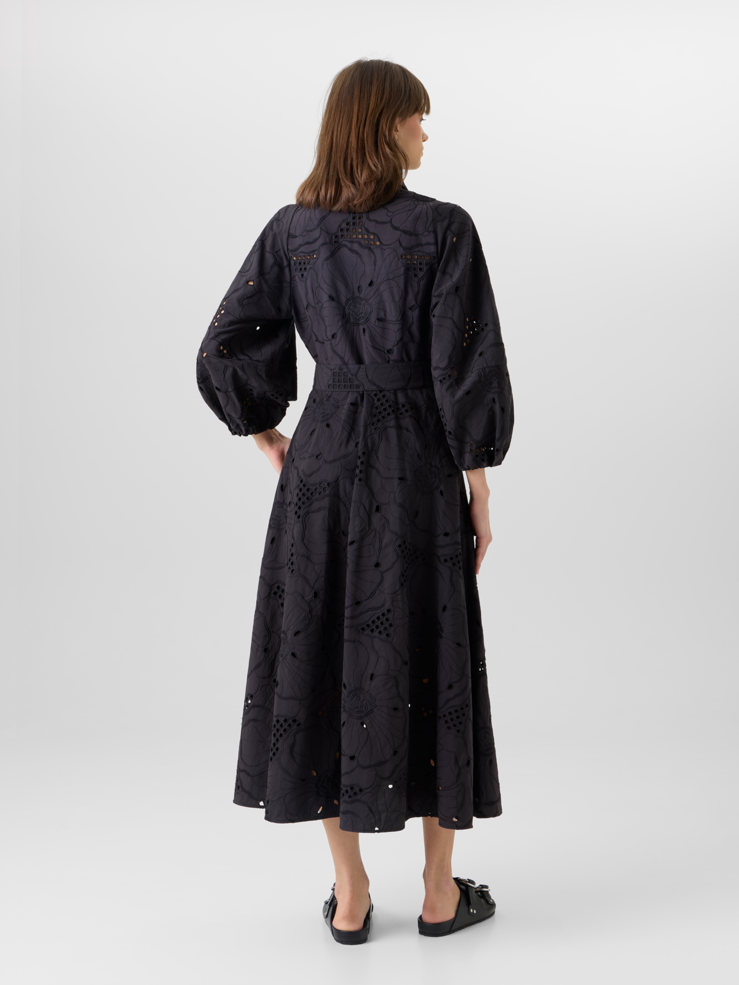 Designer Fit-and-Flare Flower Eyelet Midi Dress - black 