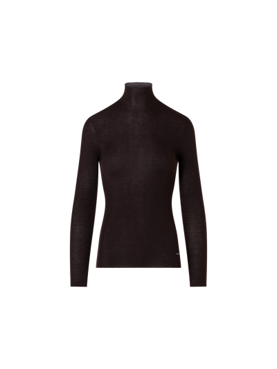 Designer Fine Rib Cashmere Silk Mock Neck Sweater - brown