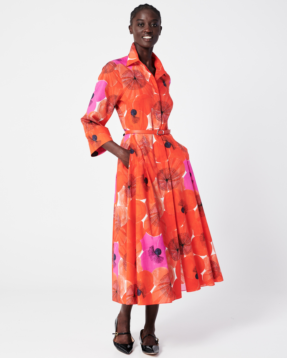 Designer Cotton Midi Shirt Dress in Poppy Print - multicolor - red #editorial