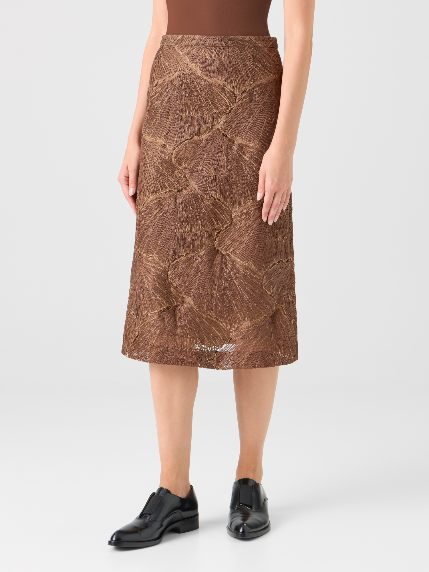 Designer Techno Lacquered Sea Fan Lace A-Line Skirt - brown 