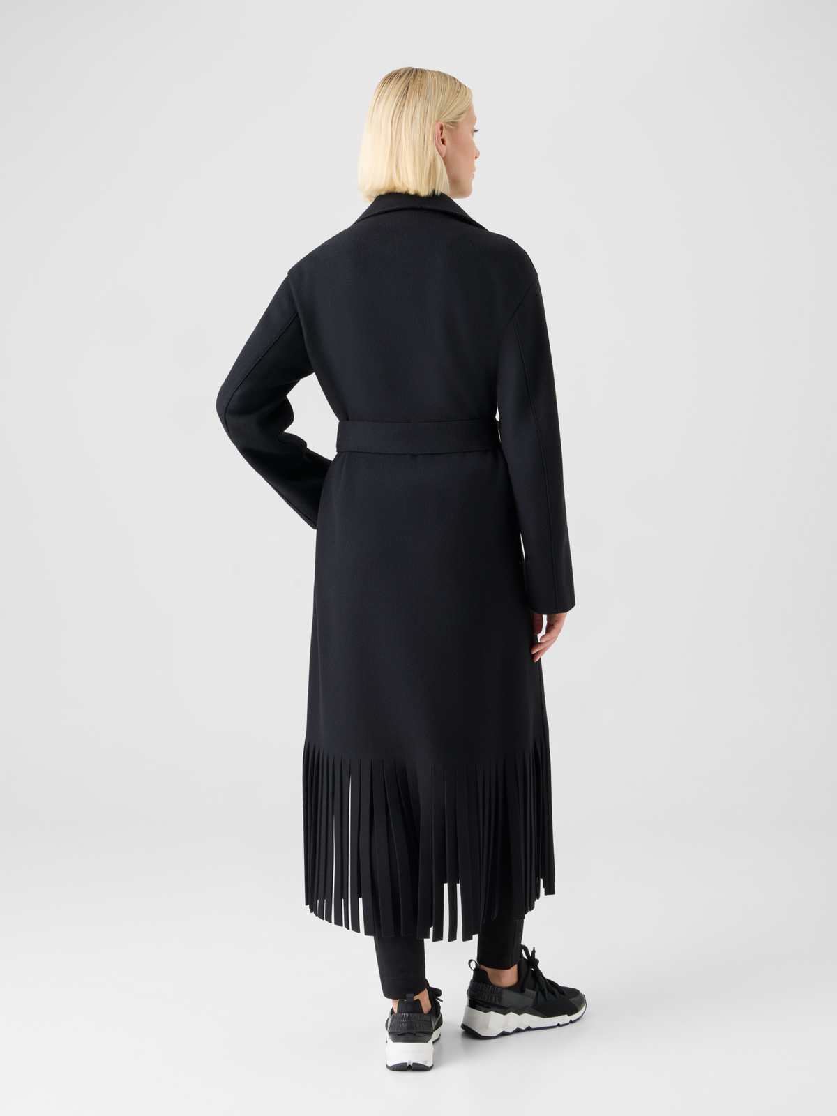 Designer Fringed Felted Wool Trench Coat - black #editorial